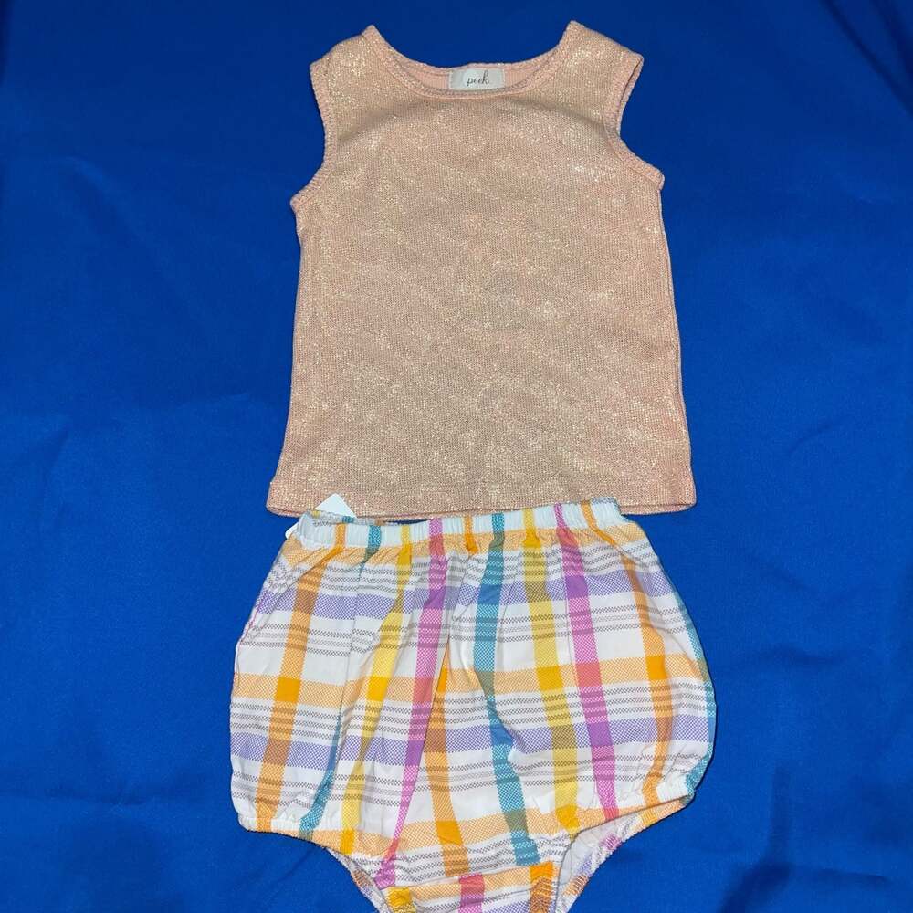 Sz 6-13 Peek Baby Girls 2-Piece Metallic Peach Tank and Plaid Bloomer Shorts Set